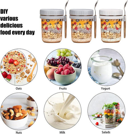 3PCS Overnight Oats Containers with Lids and Spoon, 10oz Overnight Oats Jars, Large Airtight Oatmeal Container with Bag, Glass Mason Jars fo