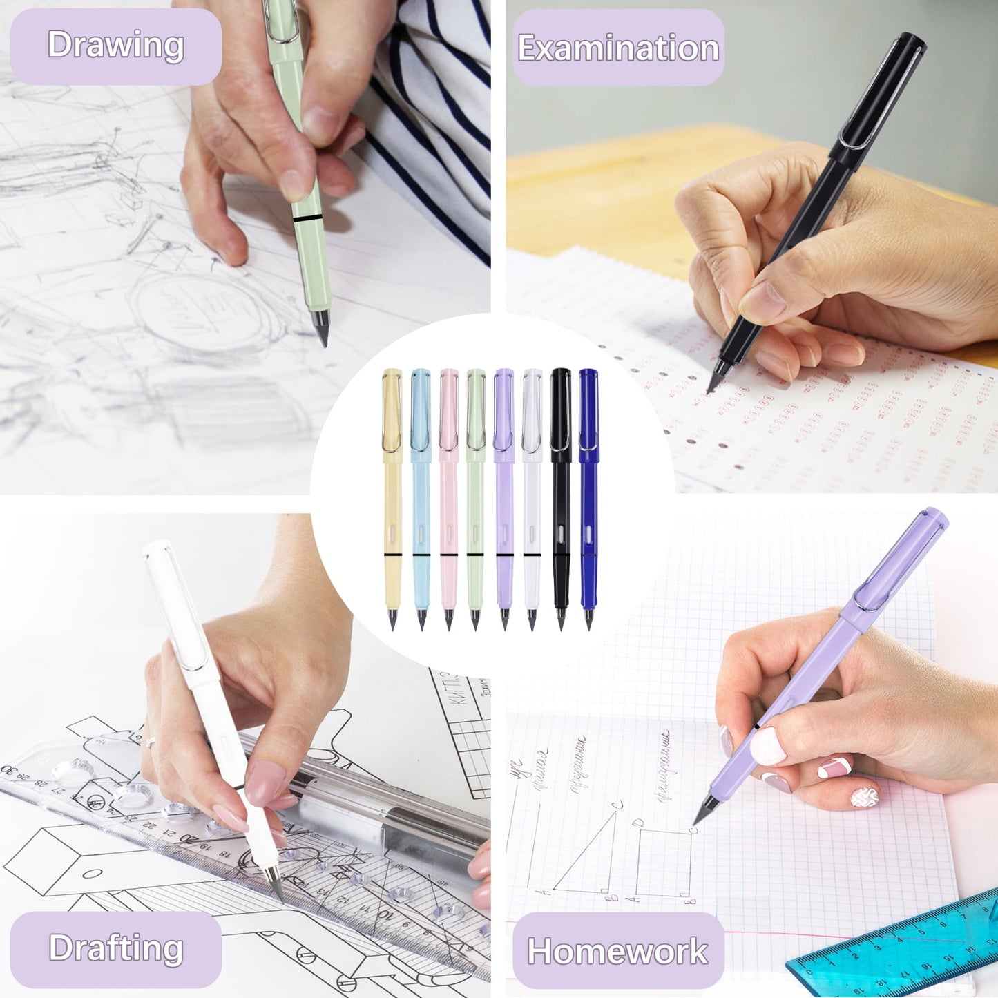 RETON 8Pcs Everlasting Pencil, Infinite Reusable Pencils with 8pcs Replacement Nibs, Inkless Eternal Pencils for Writing Painting Sketching