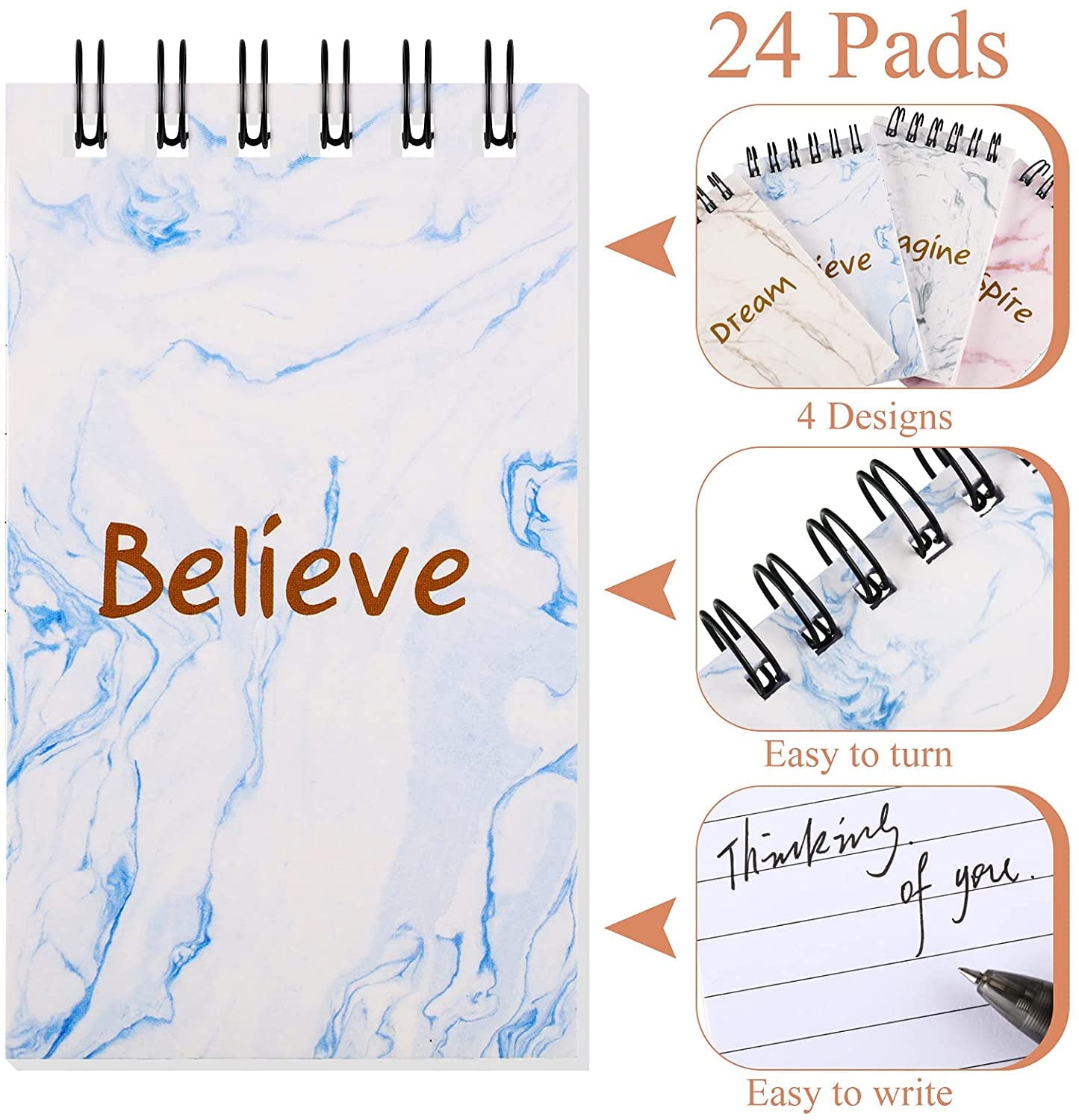 24 Pieces Inspirational Notepads Marble Mini Motivational Journal Notebook 2.4 x 4 Inch Small Pocket Notepads Tiny Top Spiral Memo Pads for