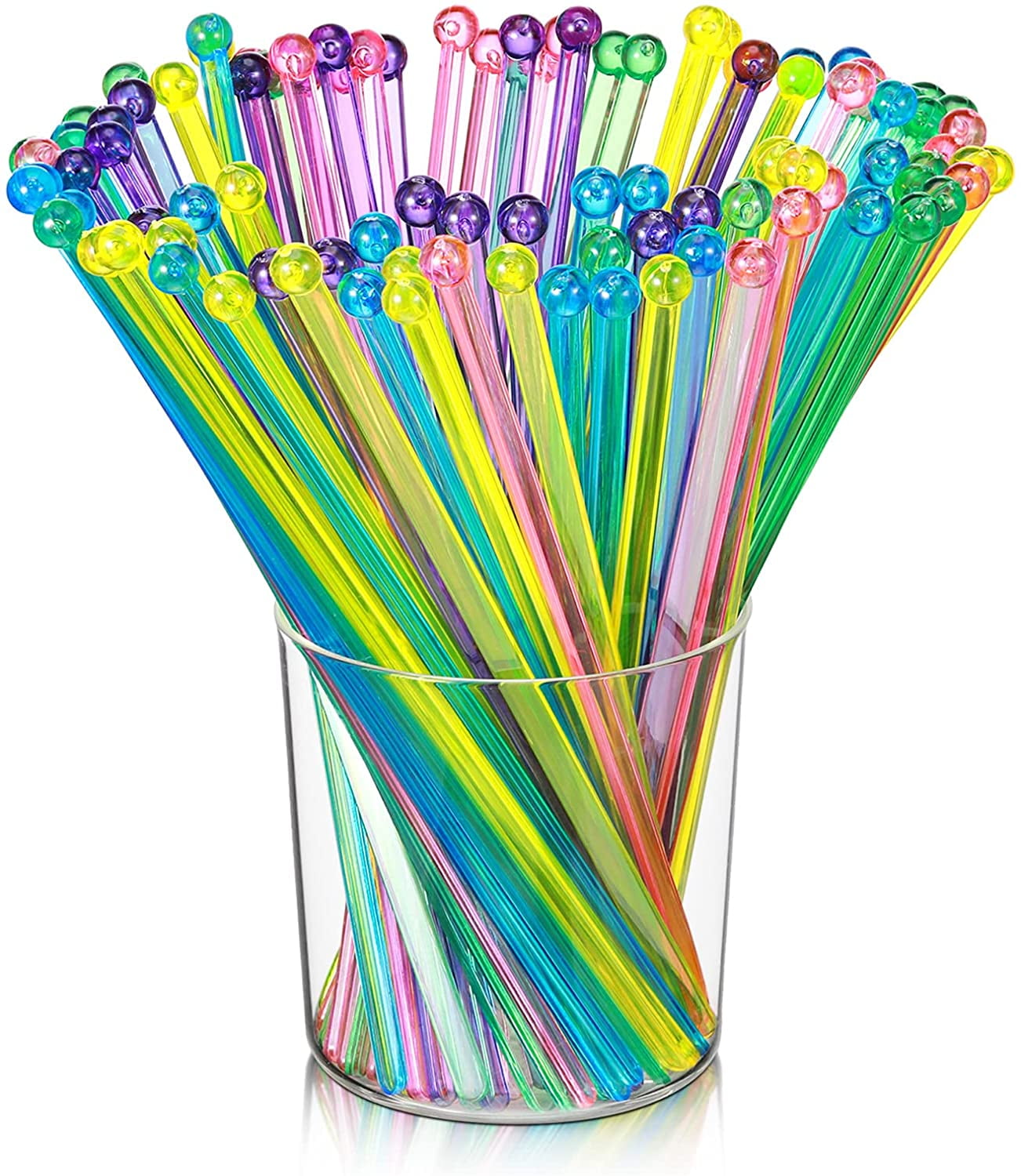 QUMENEY 100 Pieces Disposable Plastic Round Top Crystal Swizzle Sticks (Rainbow Color)