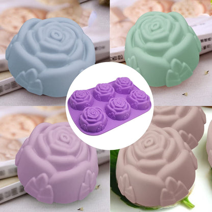 Large Rose Flower Silicone Tray for Cake Bread Pudding Chocolate Muffin Soap, 6-Cavity 3D Ice Cube Handmade Molds- Purple & Blue & Pink