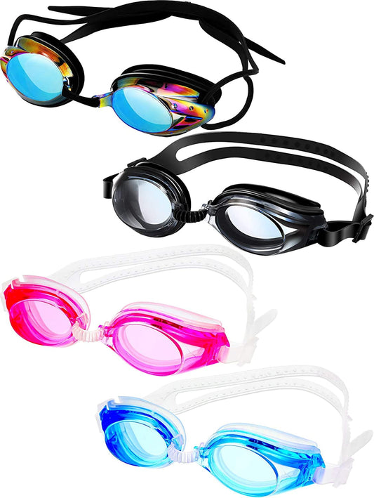 4 Pairs Triathlon Swim Goggles, Swimming Goggles Anti Fog Shatterproof UV Protection Goggles, Assorted Colors