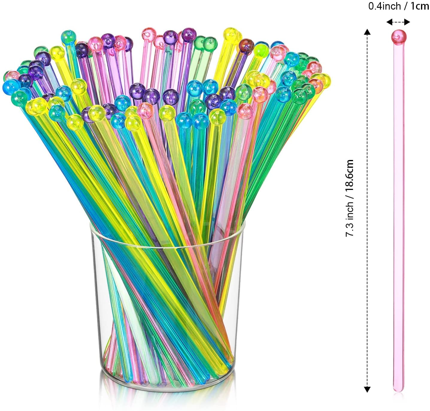 QUMENEY 100 Pieces Disposable Plastic Round Top Crystal Swizzle Sticks (Rainbow Color)