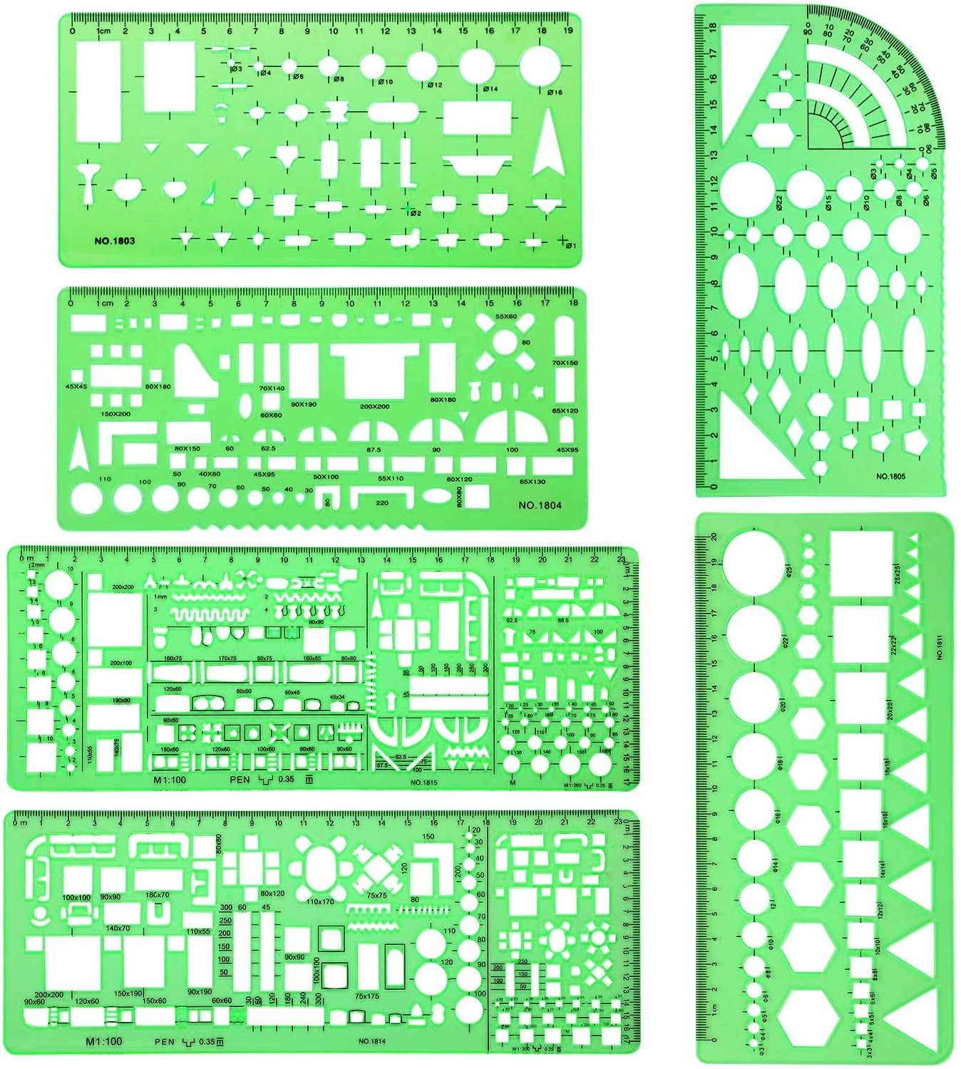 6 Pieces Plastic Measuring Templates Building Formwork Stencils Geometric Drawing Rulers for Office and School, Clear Green