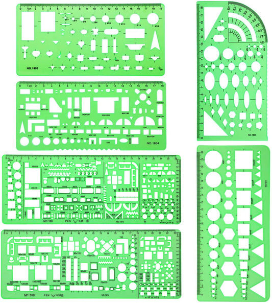 6 Pieces Plastic Measuring Templates Building Formwork Stencils Geometric Drawing Rulers for Office and School, Clear Green