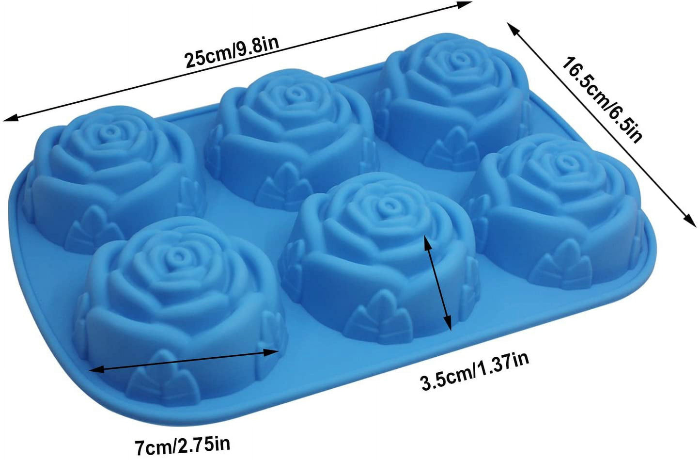 Large Rose Flower Silicone Tray for Cake Bread Pudding Chocolate Muffin Soap, 6-Cavity 3D Ice Cube Handmade Molds- Purple & Blue & Pink