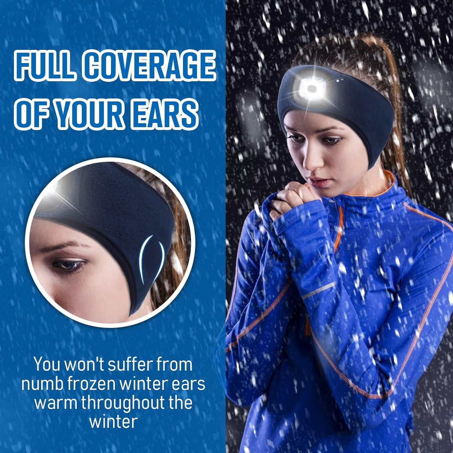 QUMENEY 3 Pieces LED Headband with Light Rechargeable Fleece Ear Warmer Elastic Headband Winter Headlamp with Light