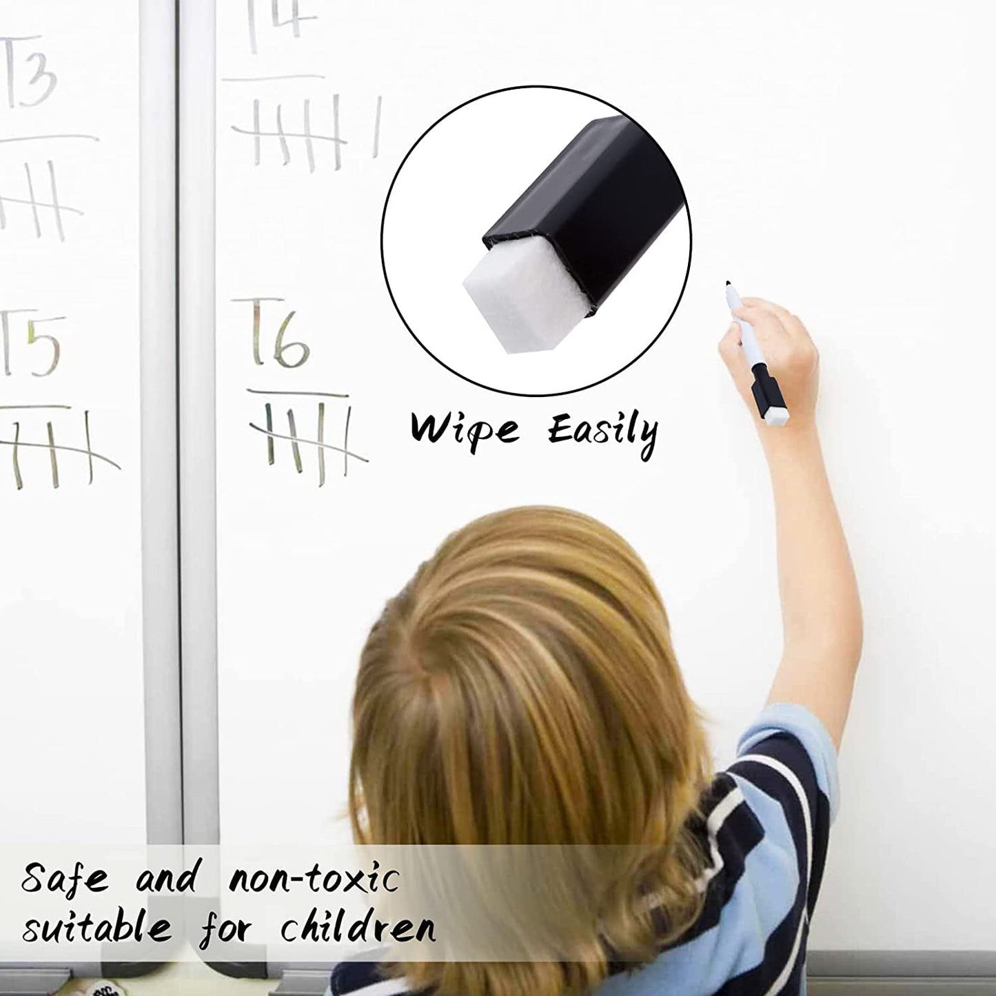 RETON 40PCS Dry Erase Markers with Eraser, Black Fine Tip Point Whiteboard Pens with Magnetic Cap and Eraser for Classroom Office School Tea