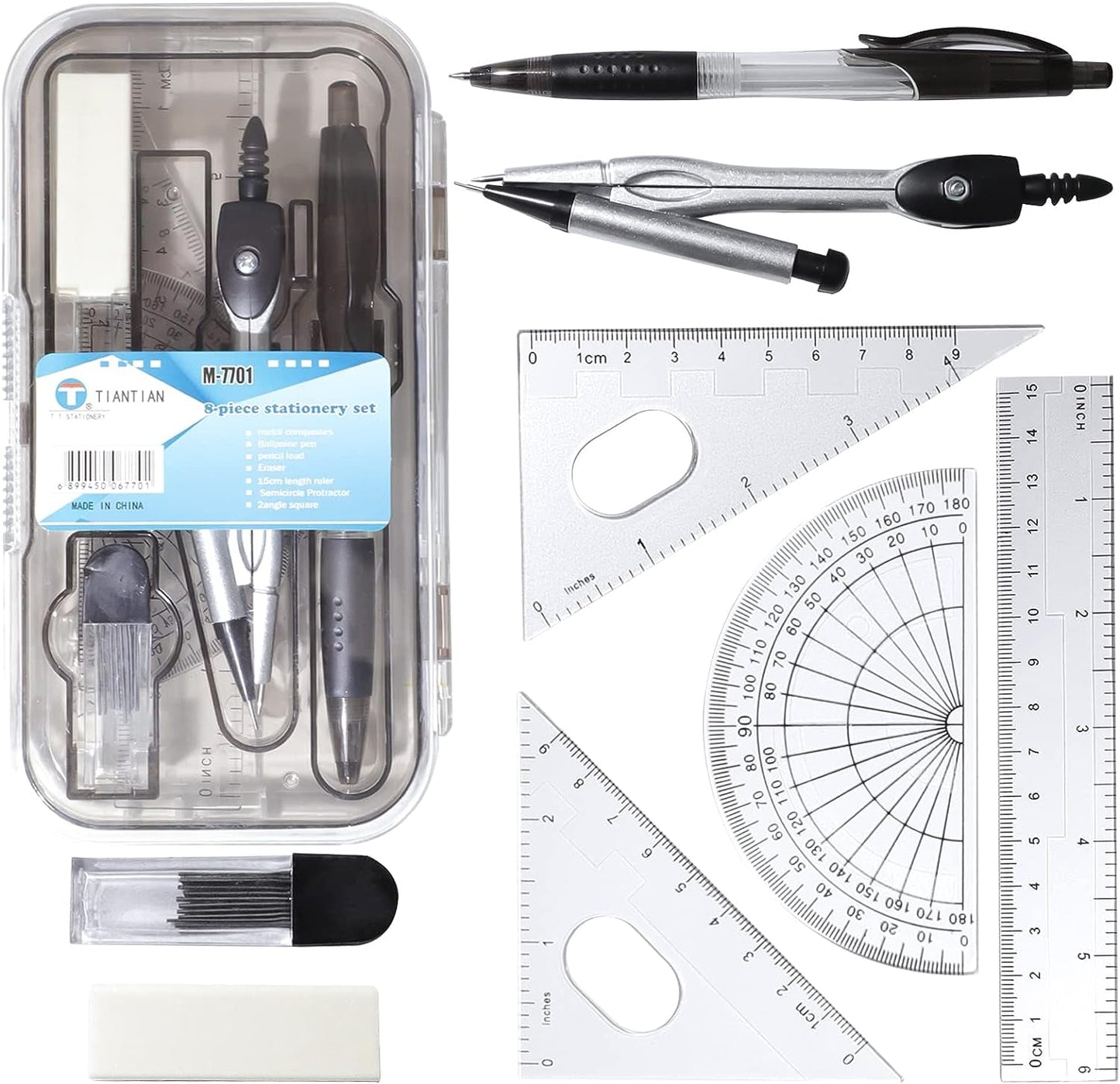 RETON Maths Set - Compass and Protractor Set Geometry Compass School Supplies Set - Drawing Compass Protractor Pencil Pencil Refill Eraser R