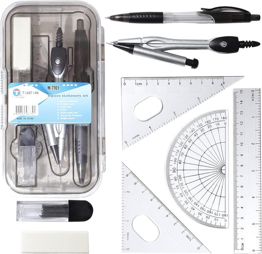 RETON Maths Set - Compass and Protractor Set Geometry Compass School Supplies Set - Drawing Compass Protractor Pencil Pencil Refill Eraser R