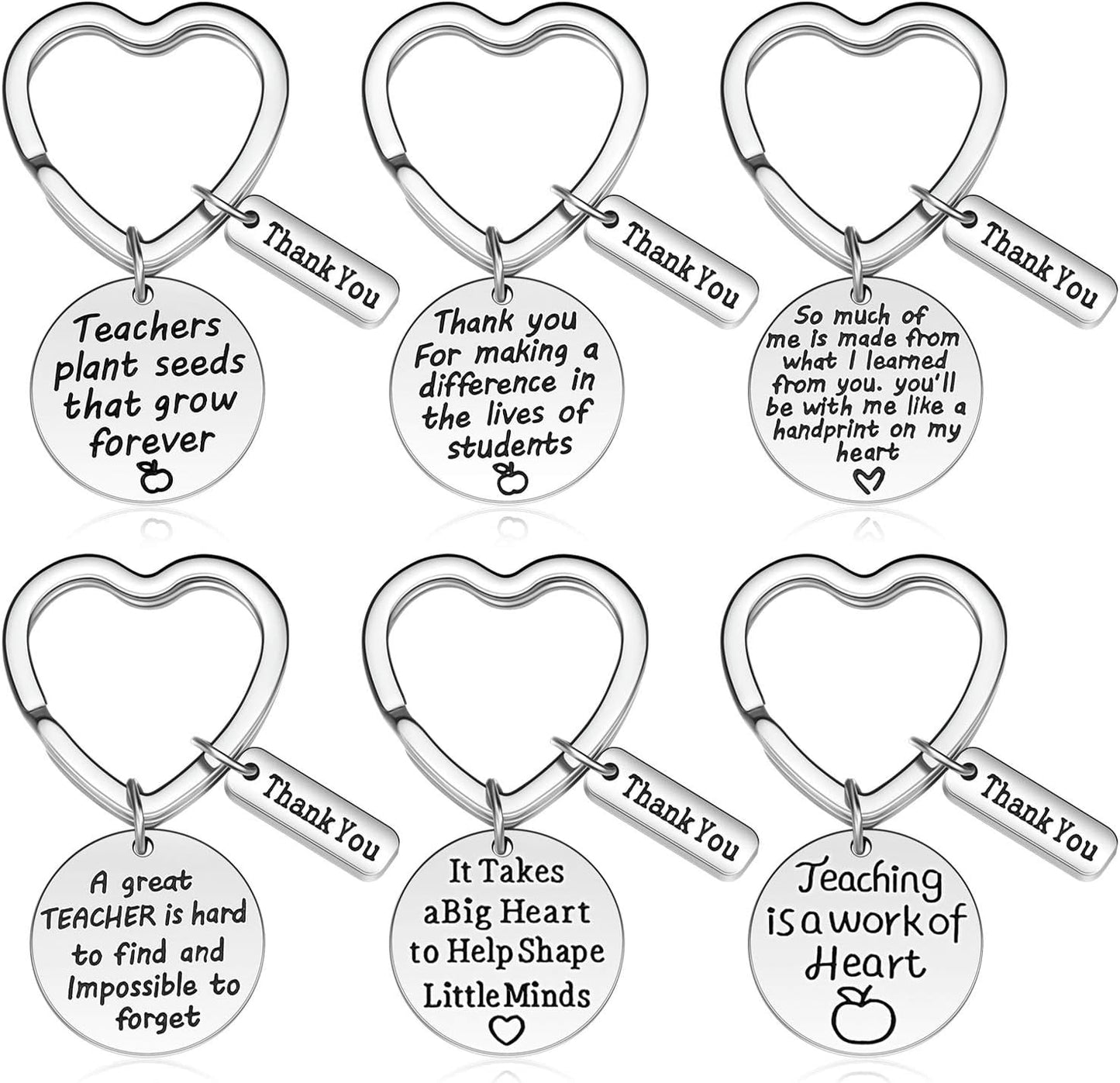 6 Pcs Teacher Appreciation Gift Keychain for Women Thank You Teacher Keychain Heart Shaped Keychain Inspirational 2023 Teacher's Day Jewelry